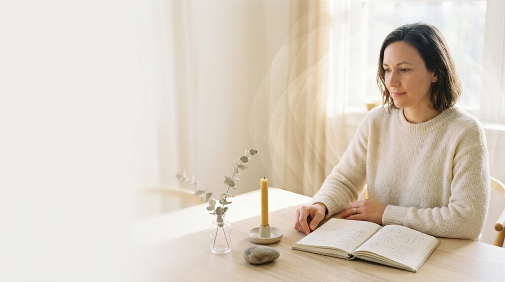 woman seated at wooden table 202608131536