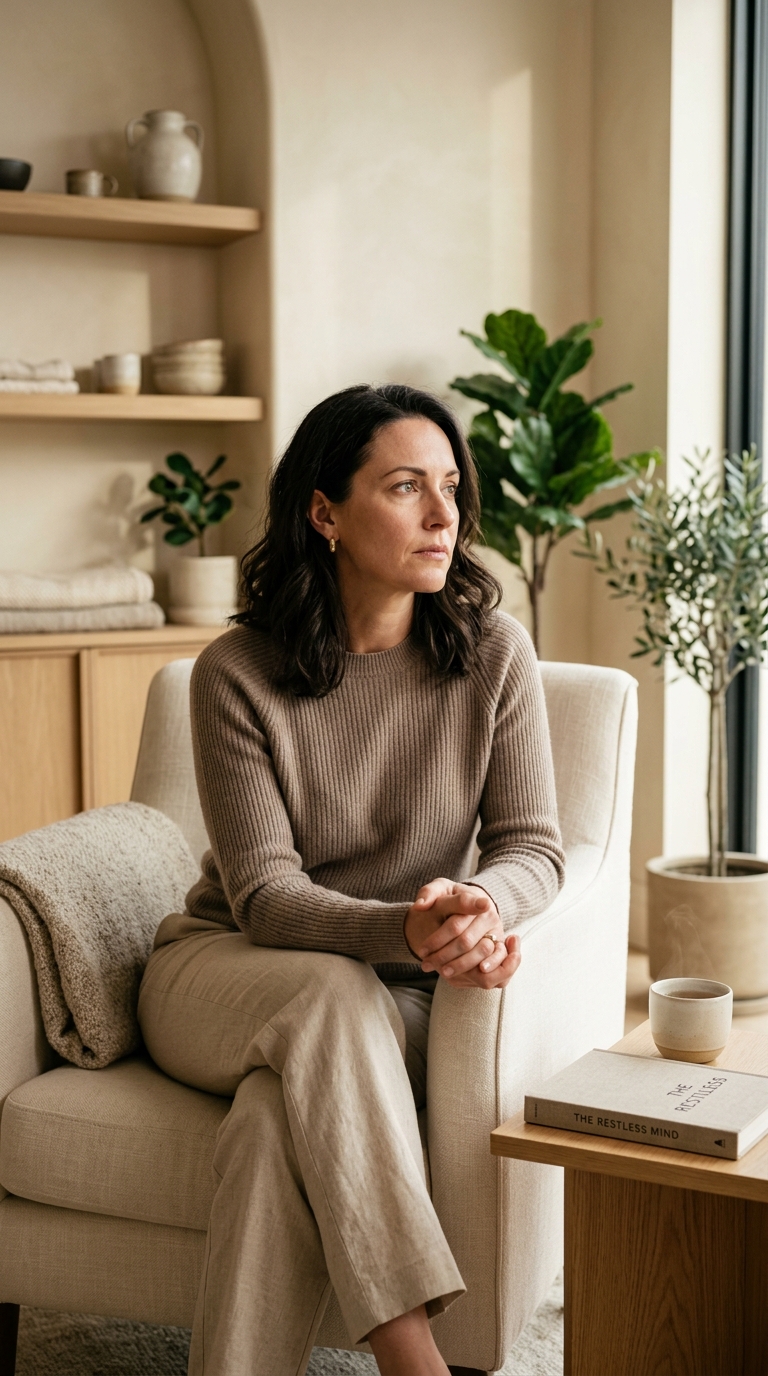 woman seated struggling to relax 202608131633
